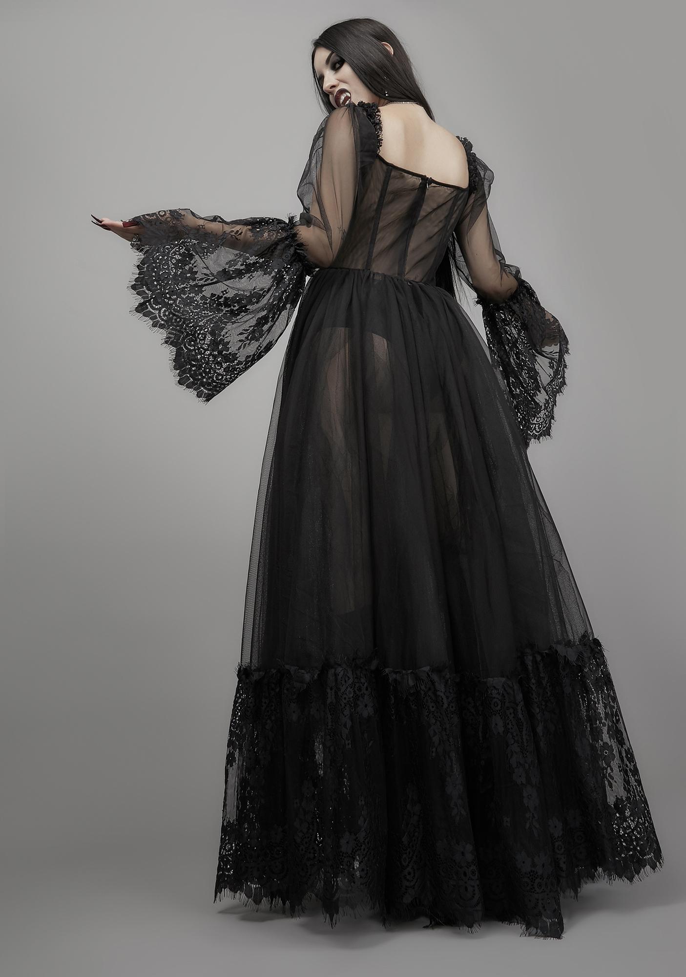 Widow Gothic Lace Bustier Long Sleeve Gown - Black | Dolls Kill