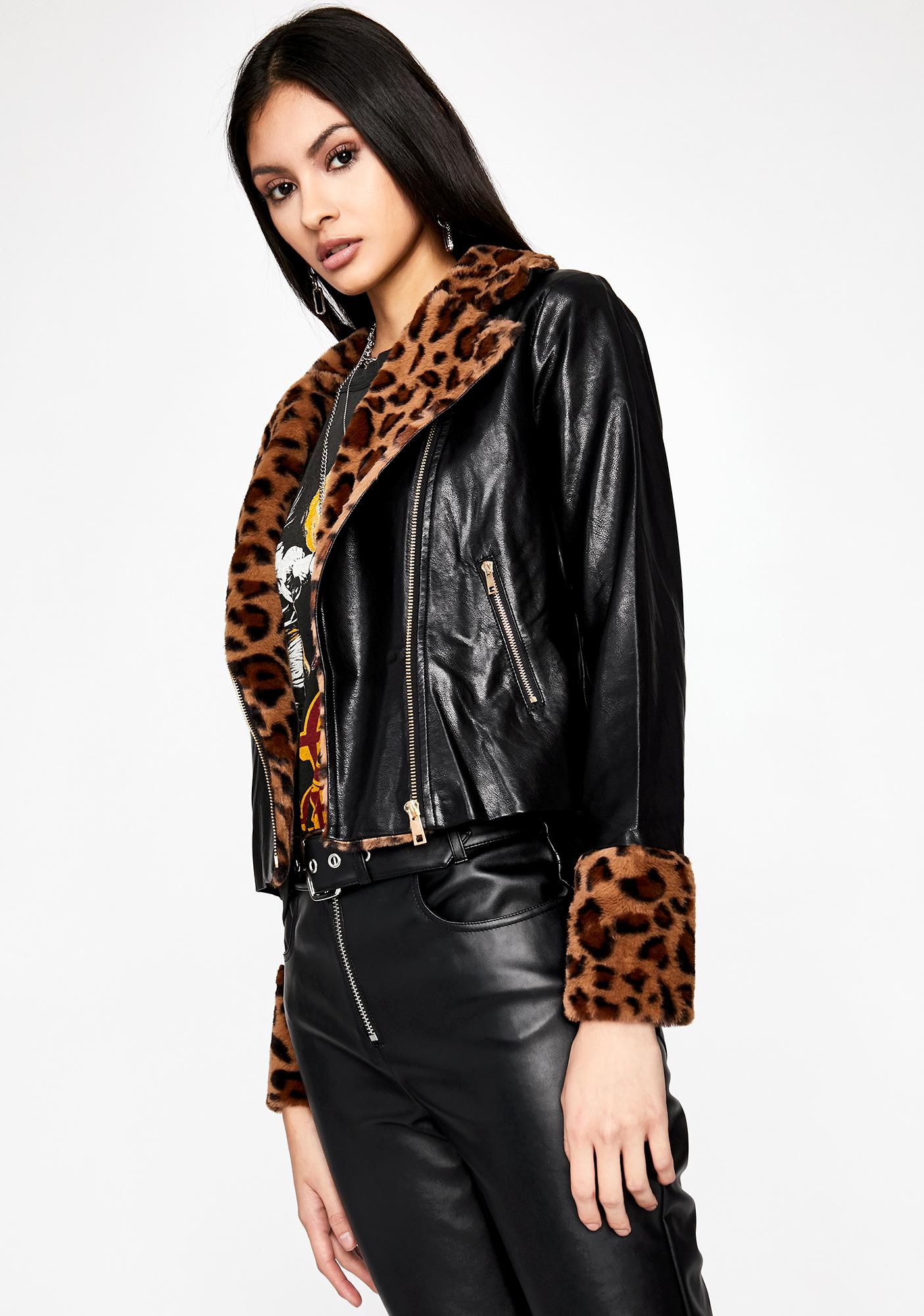 Faux Leather Moto Jacket Faux Fur Leopard Trim Dolls Kill