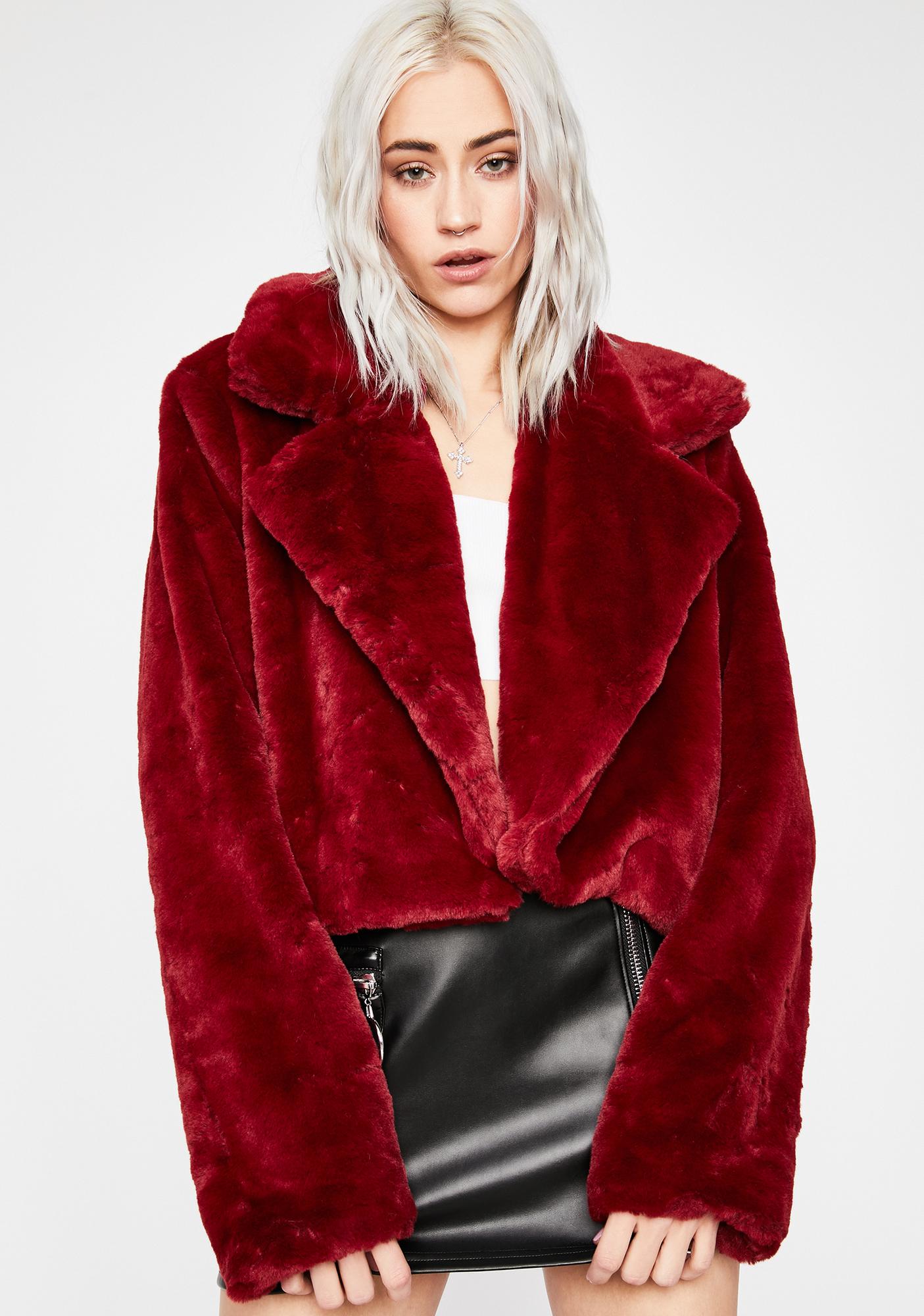 Faux Fur Cropped Fuzzy Jacket Oversized Lapel Red | Dolls Kill