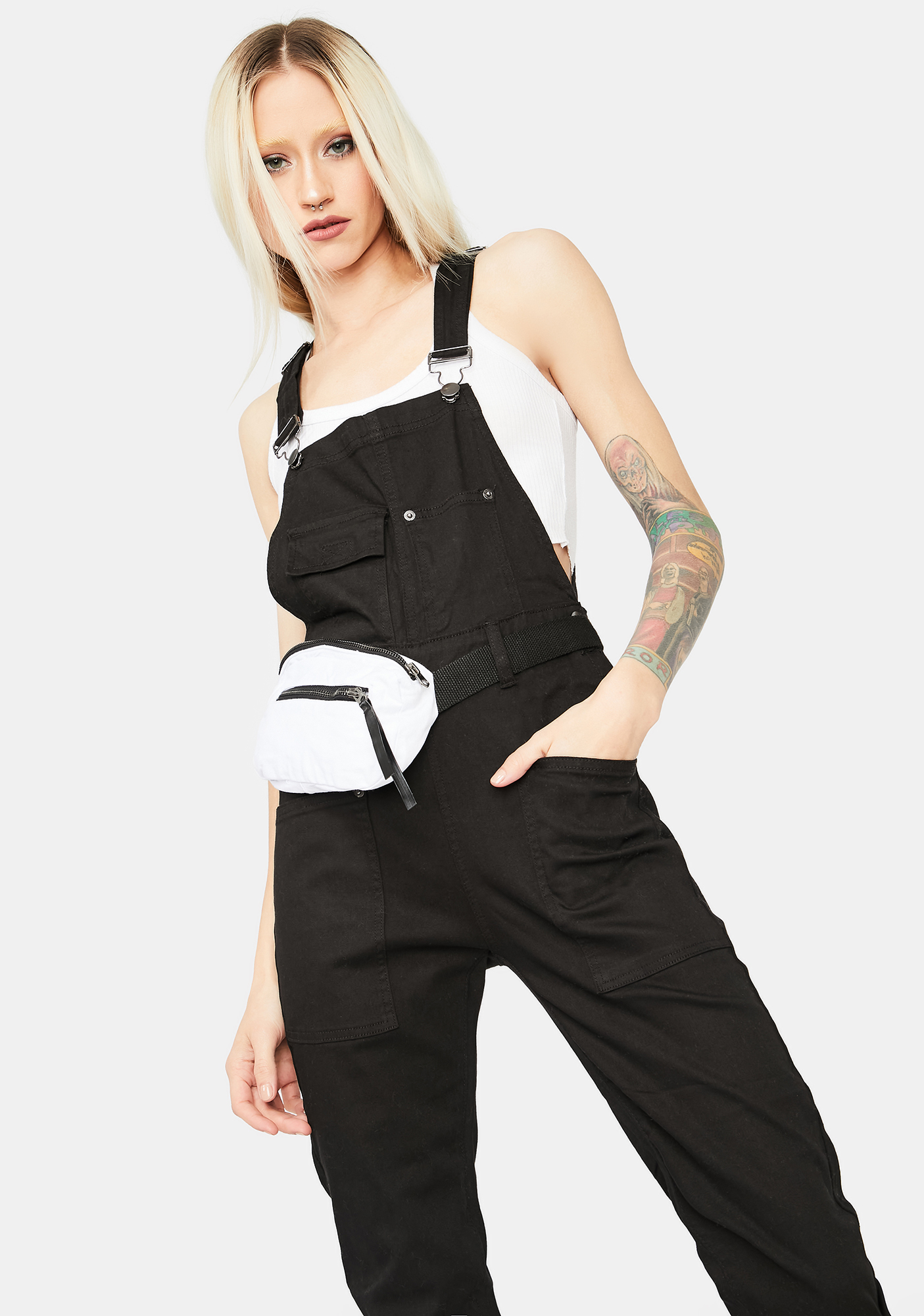 Relaxed Denim Overalls With Colored Belt Bag Black Dolls Kill