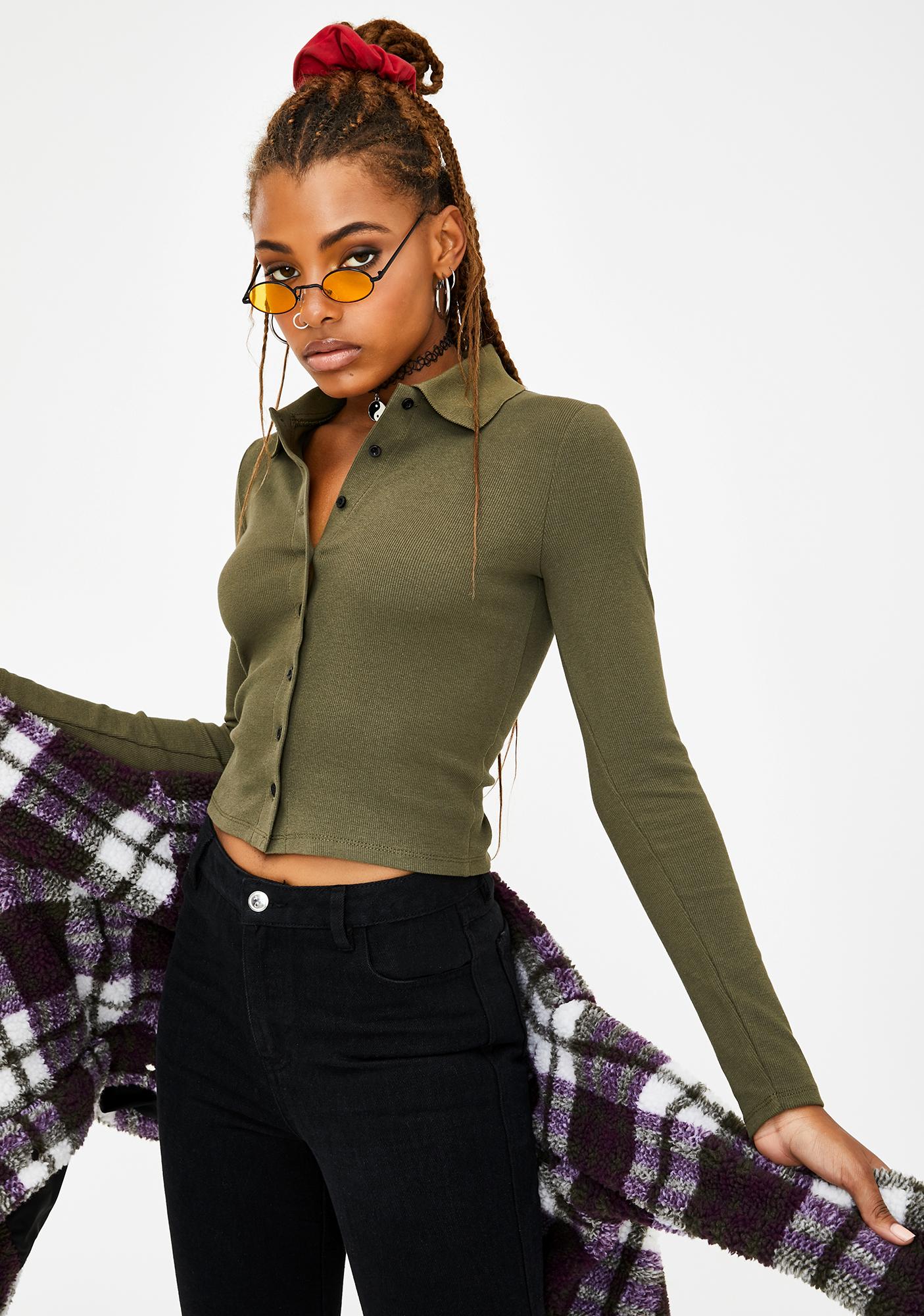 Current Mood Ribbed Button Up Crop Top Green | Dolls Kill