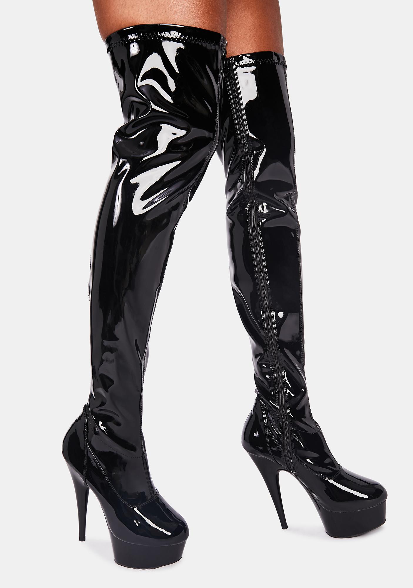 Pleaser Delight 3000 Patent Thigh High Boots - Black | Dolls Kill