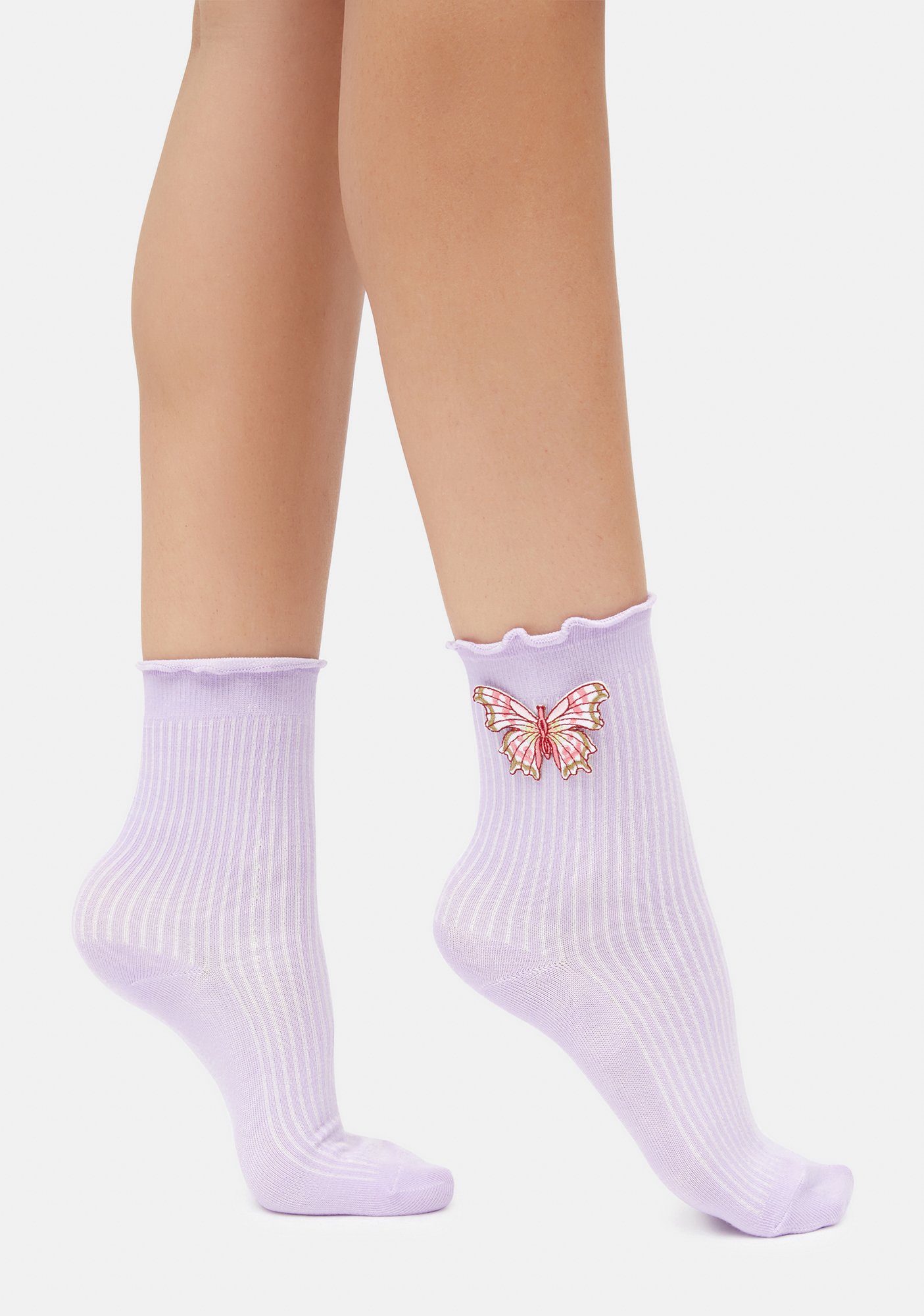 Lettuce Hem Crew Socks With Butterfly Patch Lavender Dolls Kill