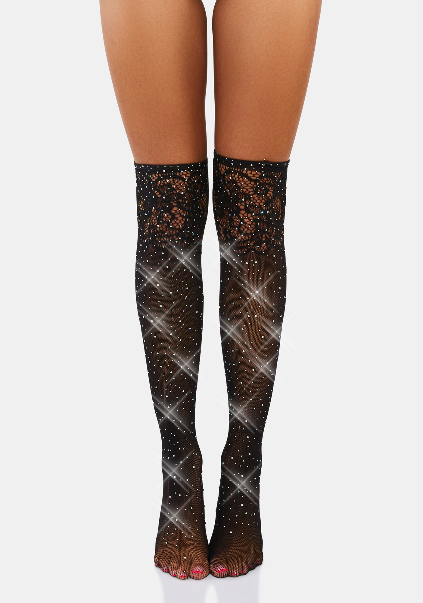 Sheer Lace Trim Thigh High Rhinestone Tights Dolls Kill 1883