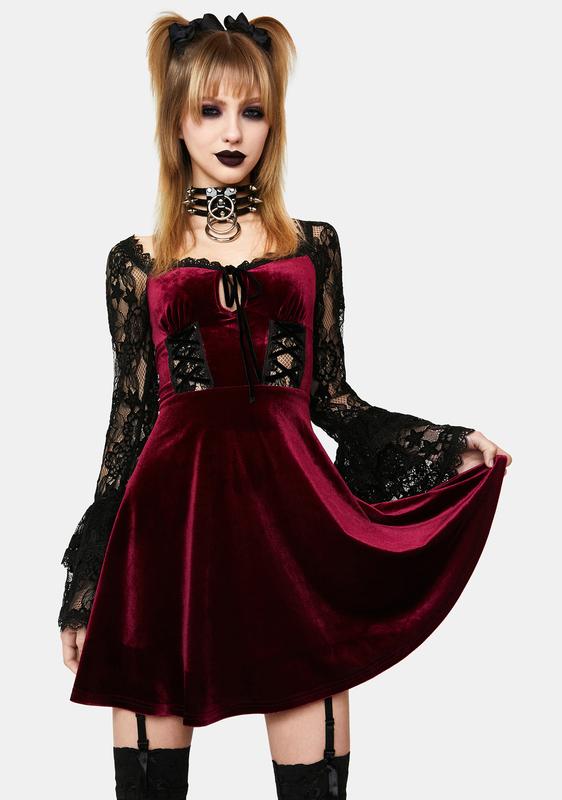 Burgundy Lace Sleeve Mini Dress