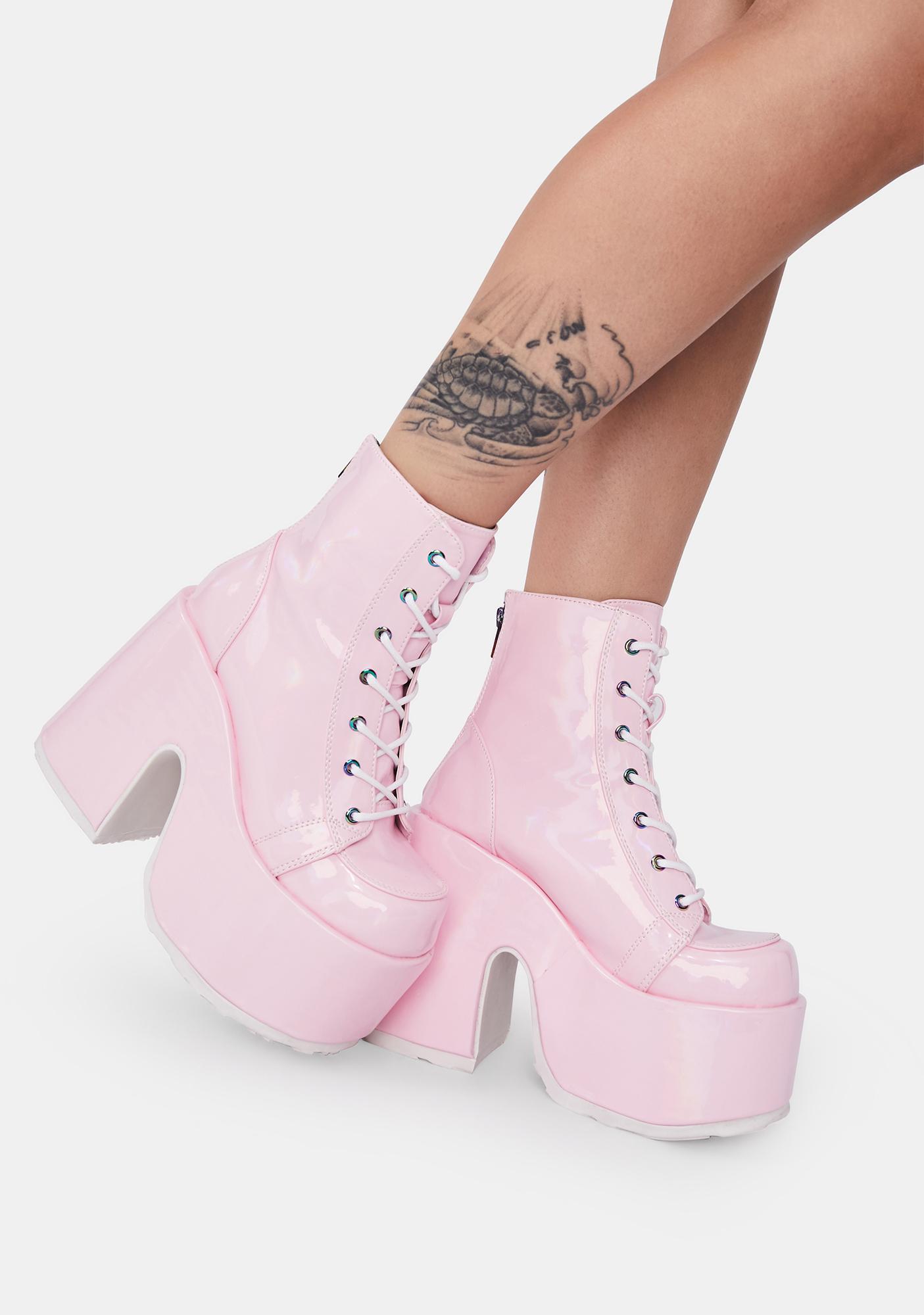 Demonia Camel 203 Platform Boots - Patent Pink | Dolls Kill