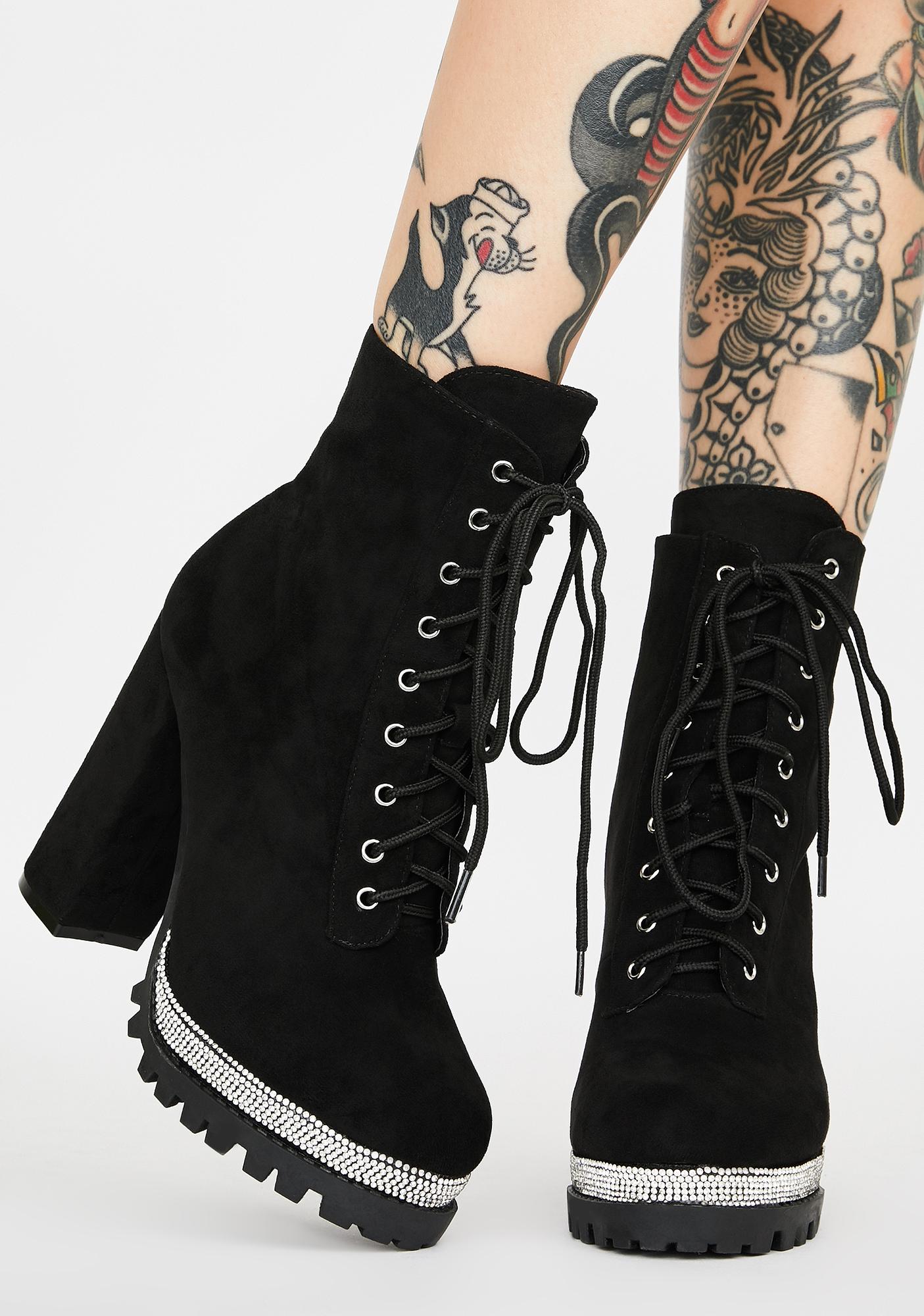 Black Platform Lace Up Heeled Boots Rhinestone Trim | Dolls Kill