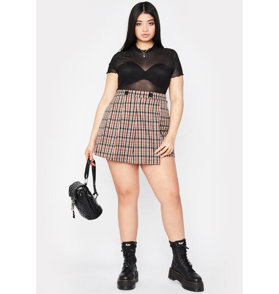 Plus Size Plaid High Waist Wrap Mini Skirt Buttons Brown | Dolls Kill