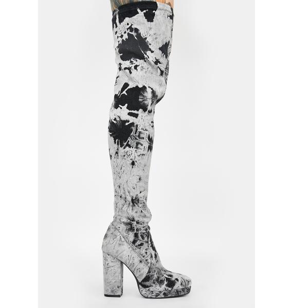 Current Mood Gray Tie Dye Thigh High Heeled Boots | Dolls Kill
