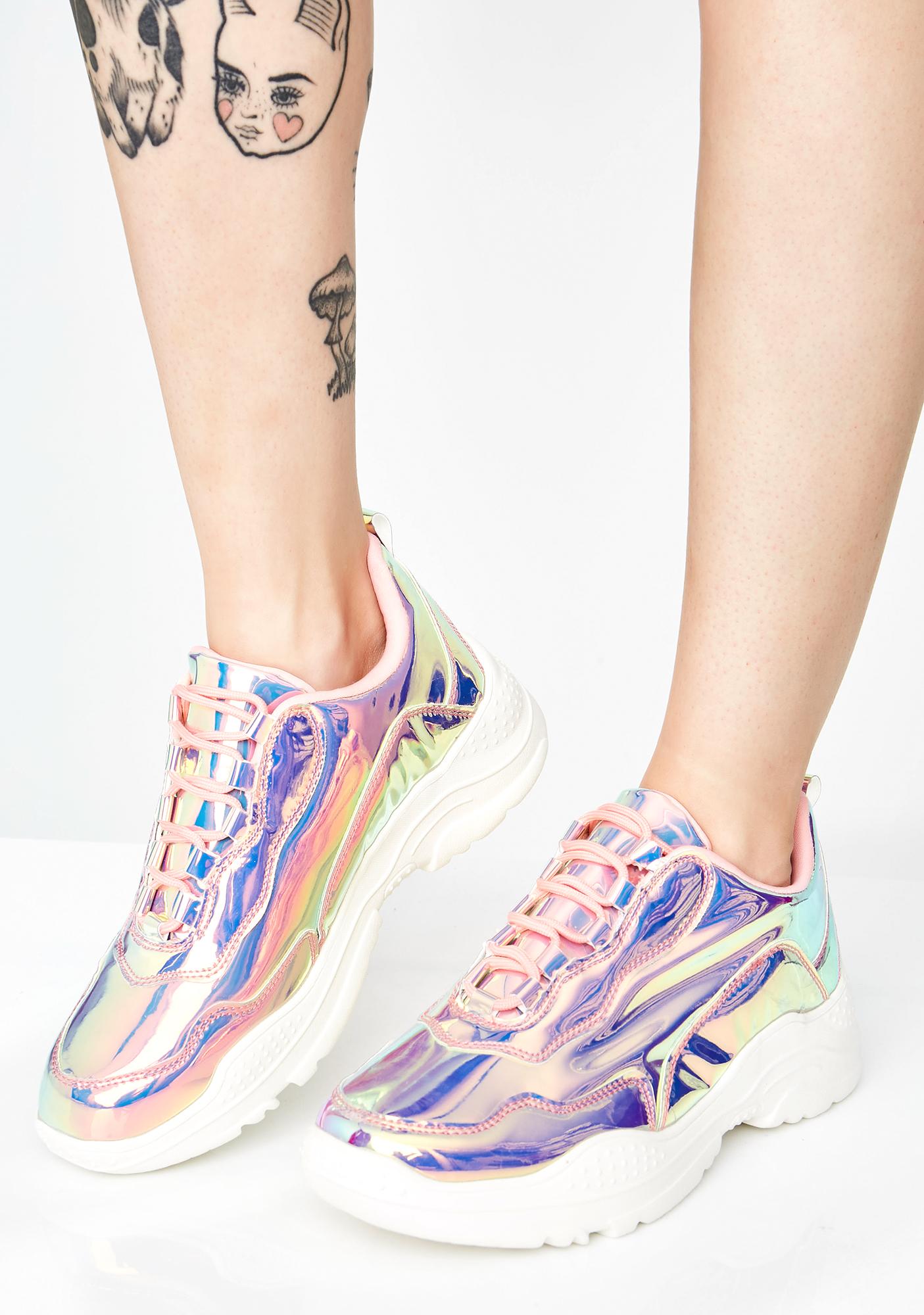 Pink Hologram Lace-Up Platform Sneakers 