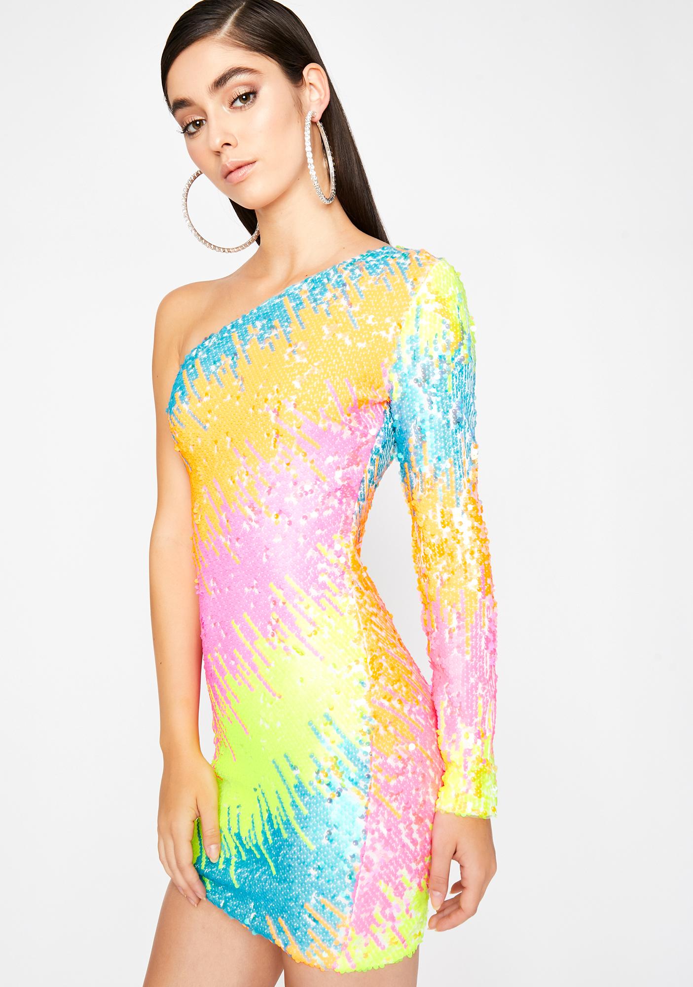 One-Sleeve Neon Sequin Dress | Dolls Kill