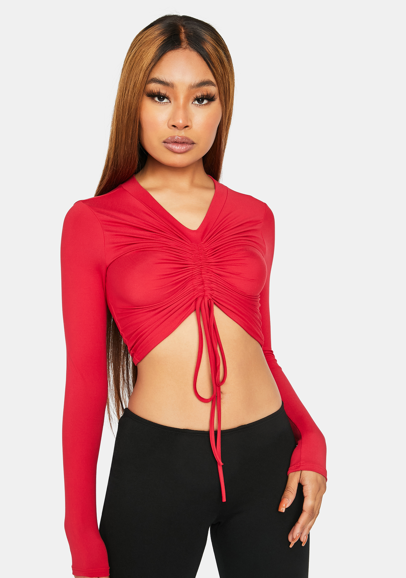 Ruched Cinch Tie Long Sleeve Crop Top Red Dolls Kill 