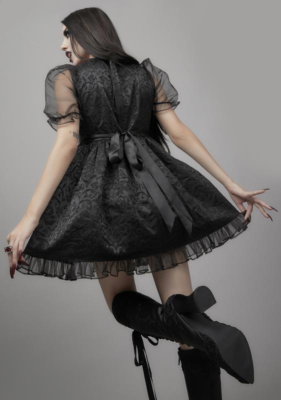 Widow Brocade Puff Sleeve Babydoll Dress - Black | Dolls Kill