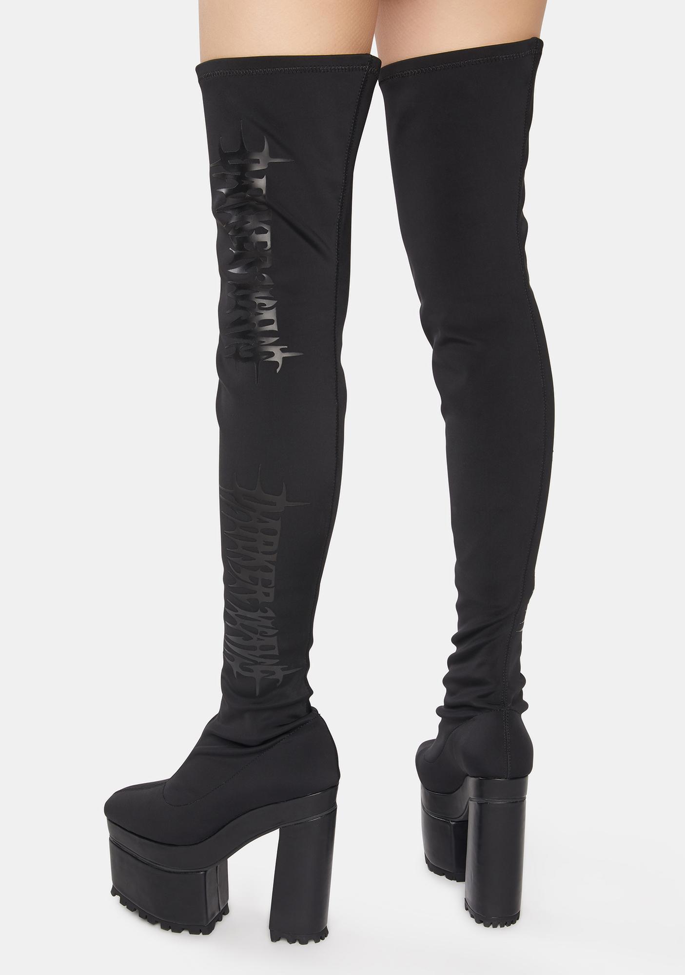 Darker Wavs Logo Stretch Thigh High Platform Boots - Black | Dolls Kill