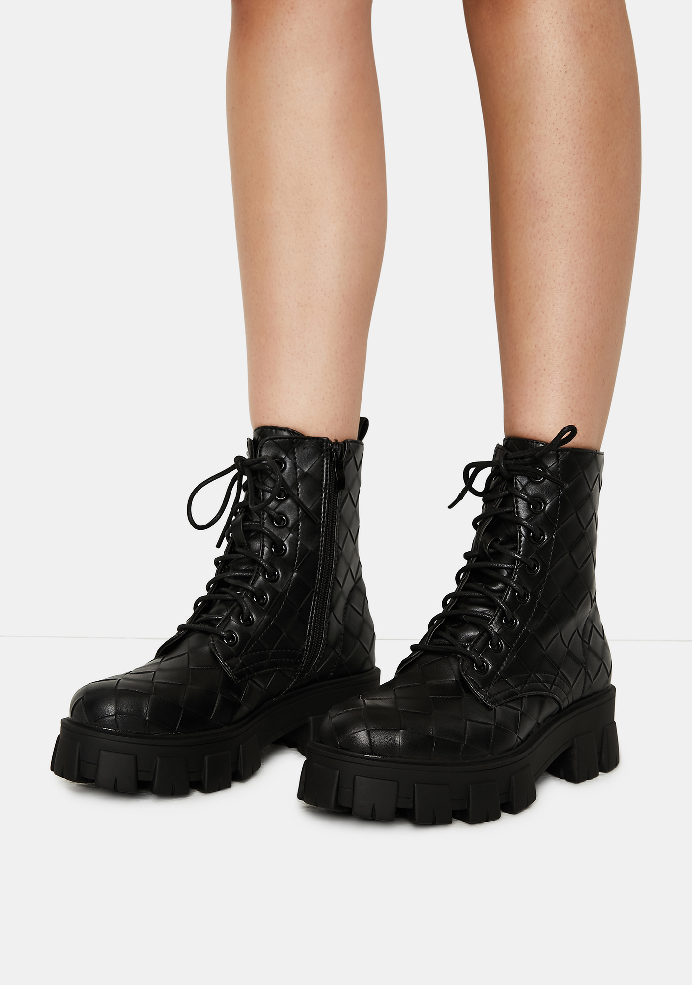 Square Pattern Lace Up Ankle Boots - Black | Dolls Kill