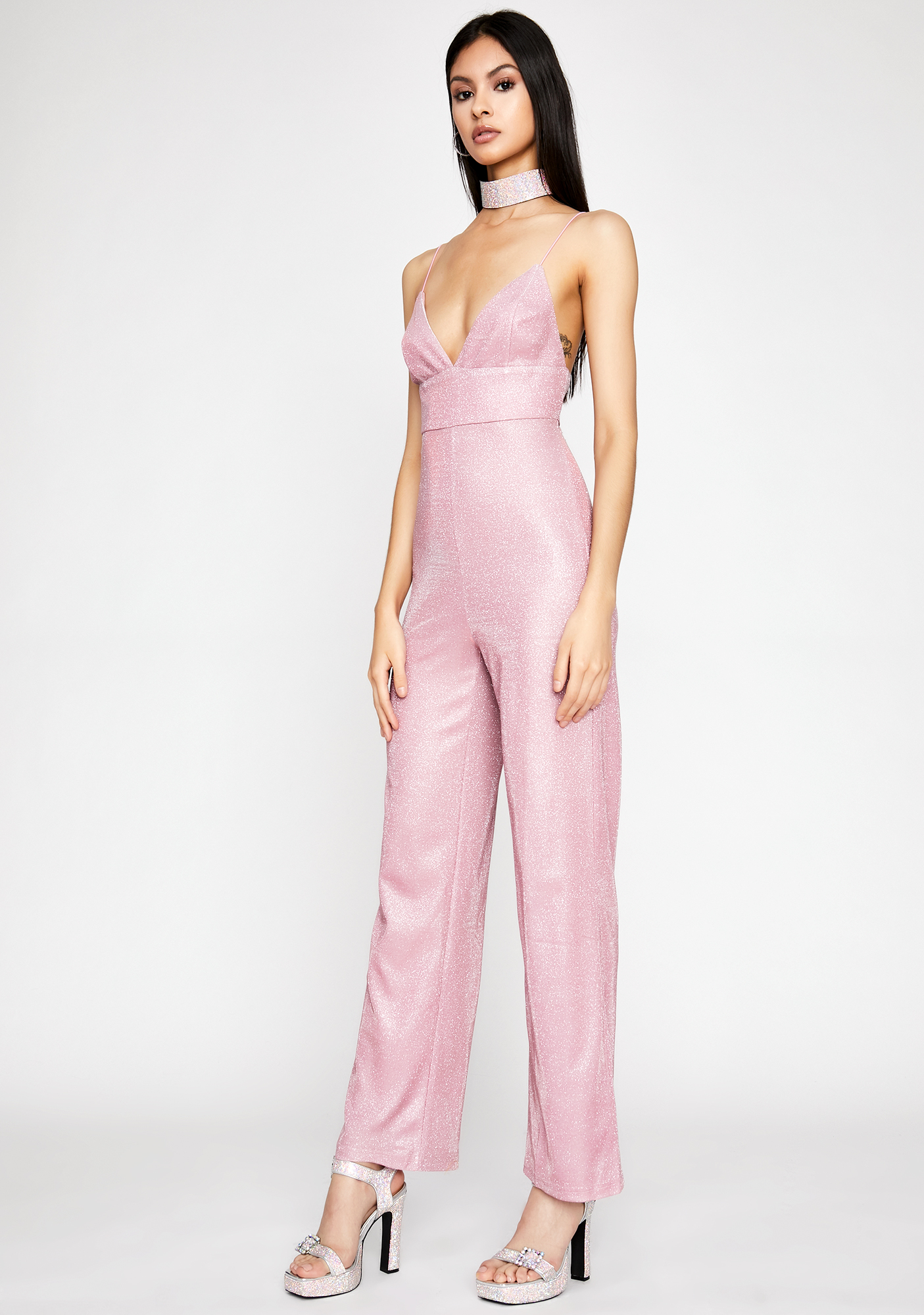 Sparkly Sleeveless Wide Leg Jumpsuit Glitter Pale Pink | Dolls Kill