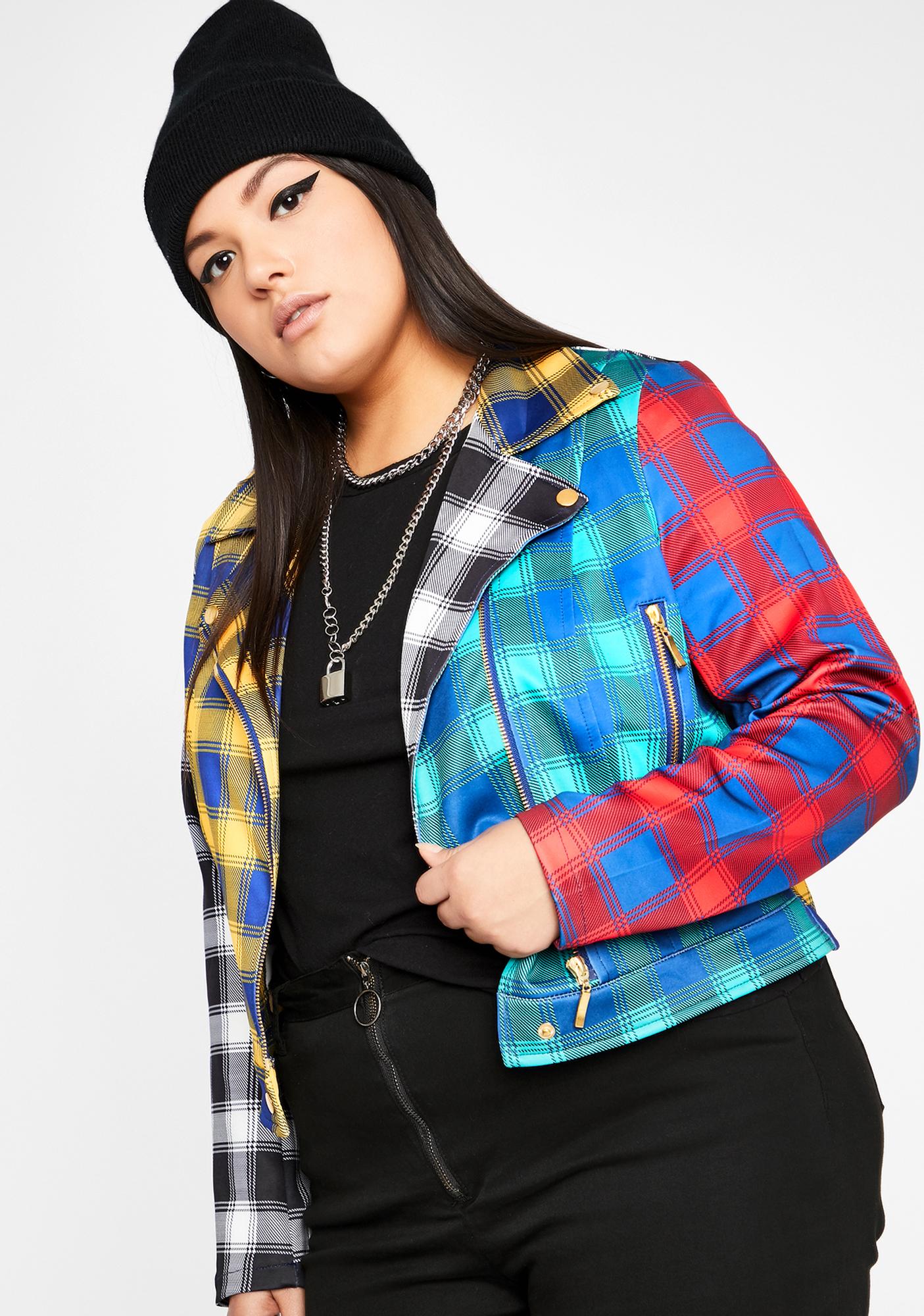 Plus Size Crop Colorblock Plaid Moto Jacket | Dolls Kill