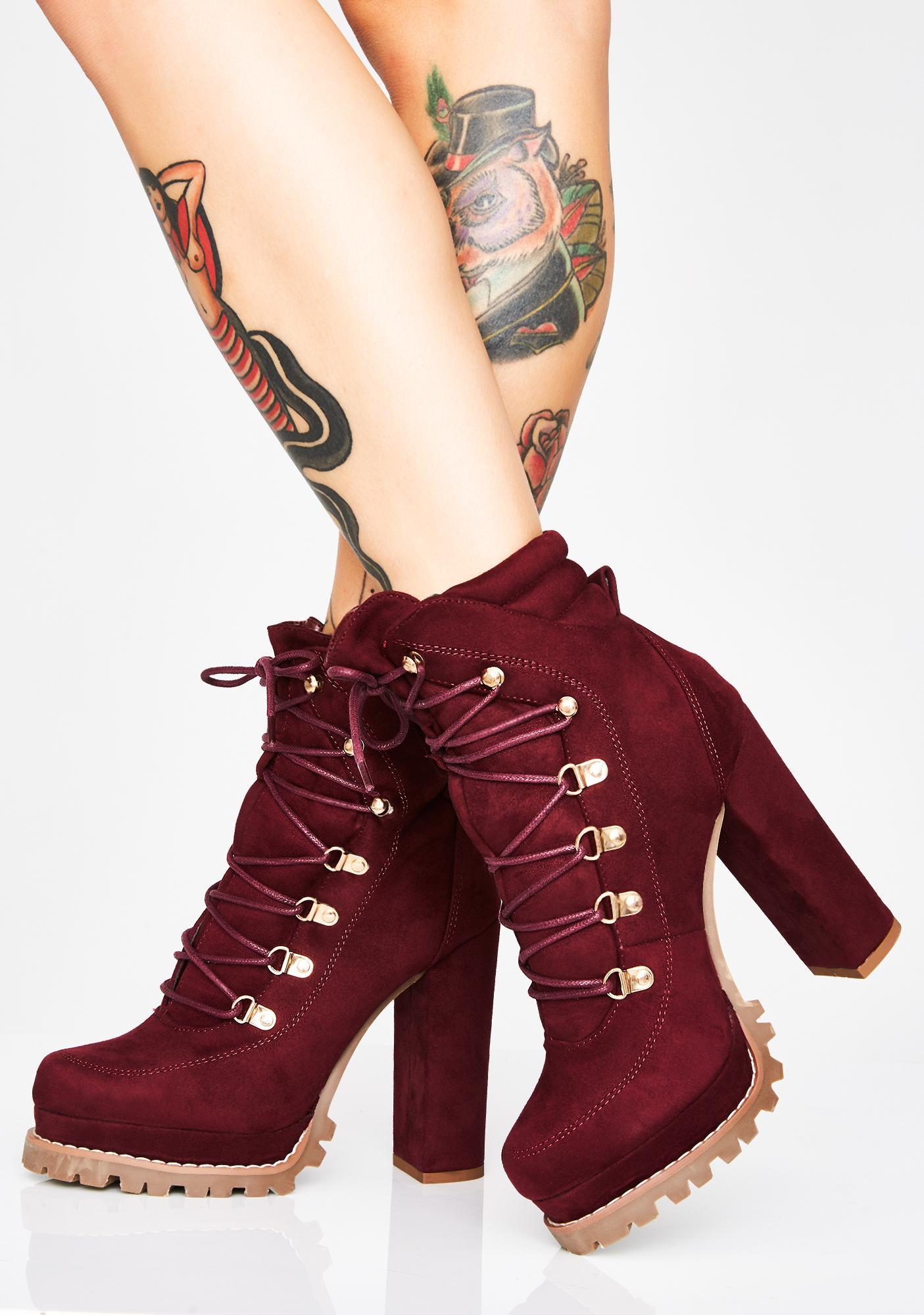 Suede Dark Red Lace Up Booties | Dolls Kill