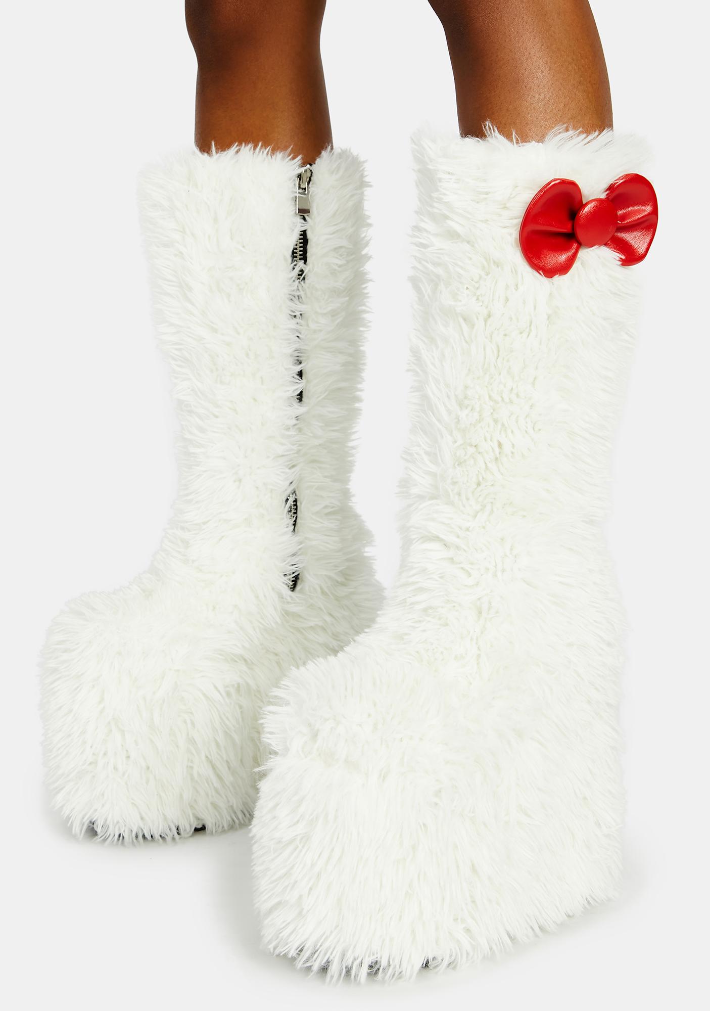 Dolls Kill Hello Kitty Fur Knee High Boots With Bow White Dolls Kill