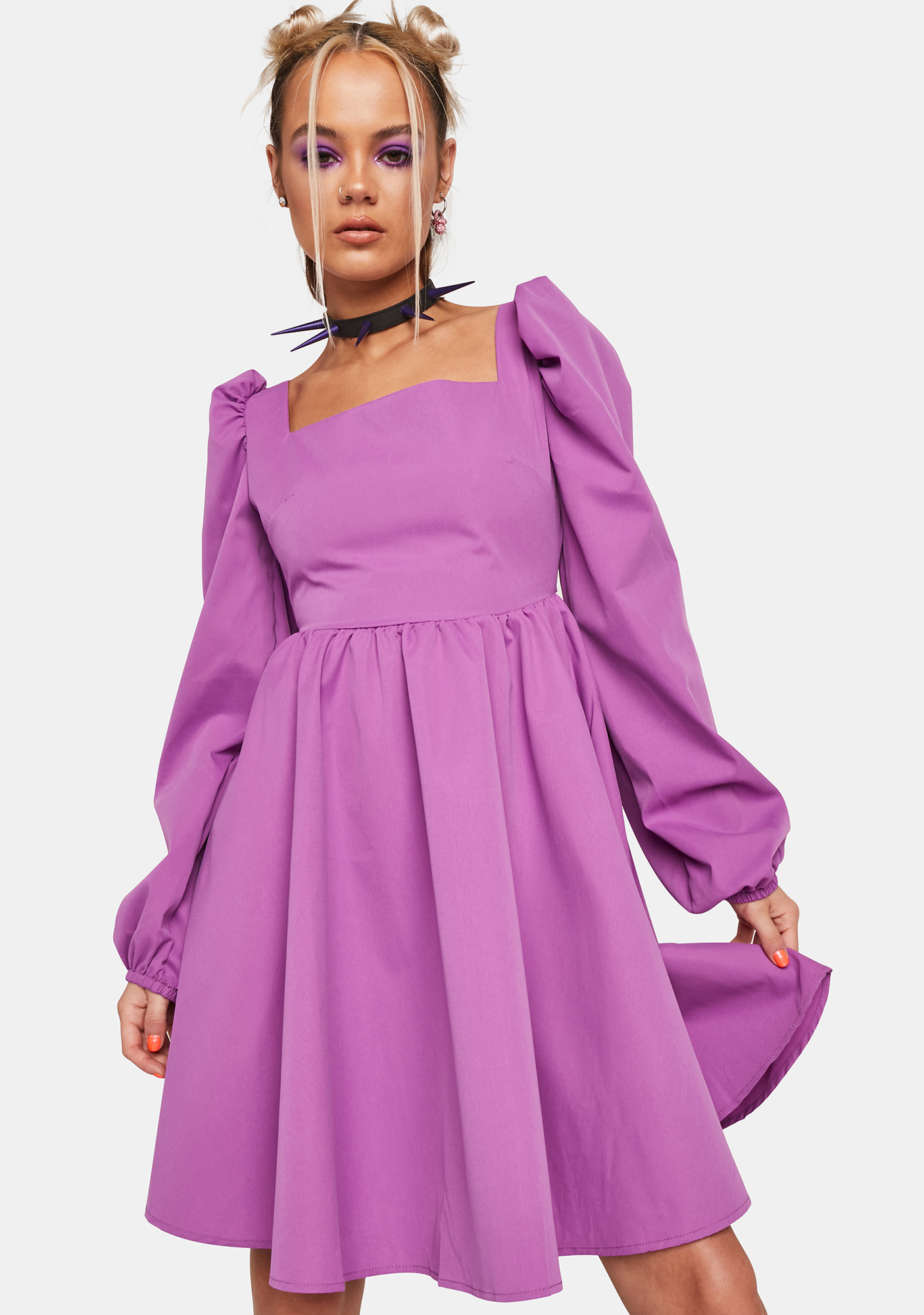 Long Puff Sleeve Square Neck Mini Dress - Purple | Dolls Kill