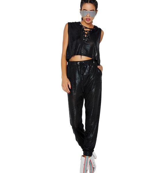 black shiny joggers