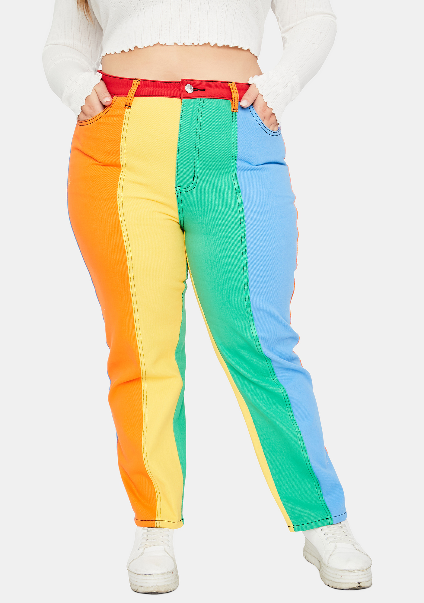 Delias Plus Size High Waist Stripe Colorblock Twill Mom Jeans Rainbow Dolls Kill 