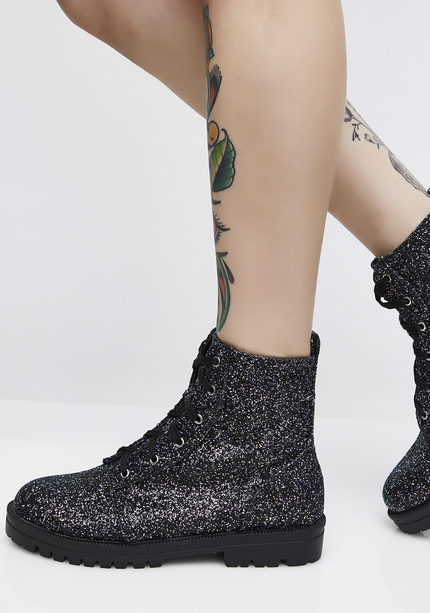 Glitter Lace Up Black Combat Boots 