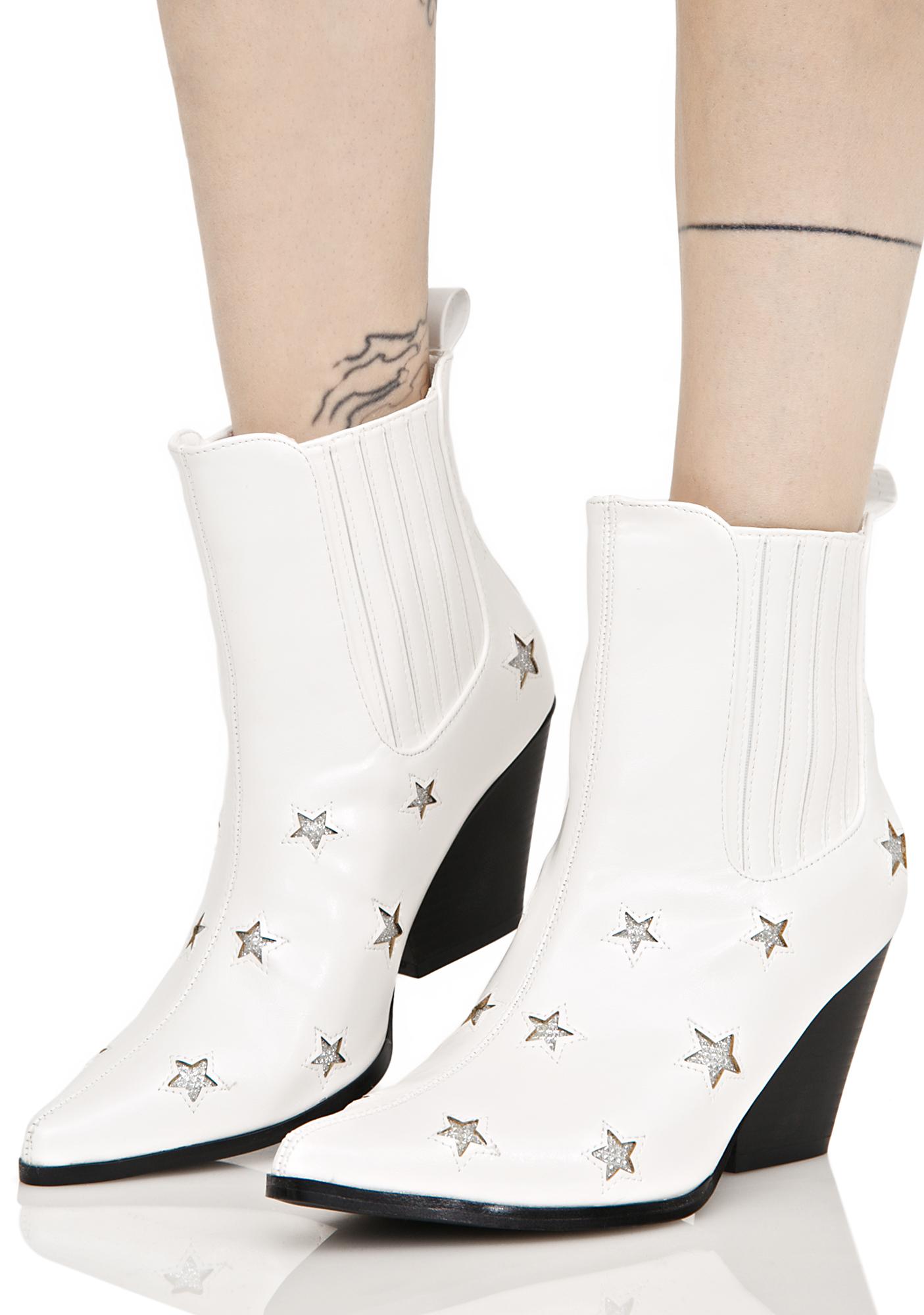 White Vegan Leather Stars Ankle Boot 