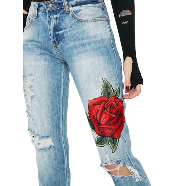 Distressed Jeans With Rose Patches | Dolls Kill