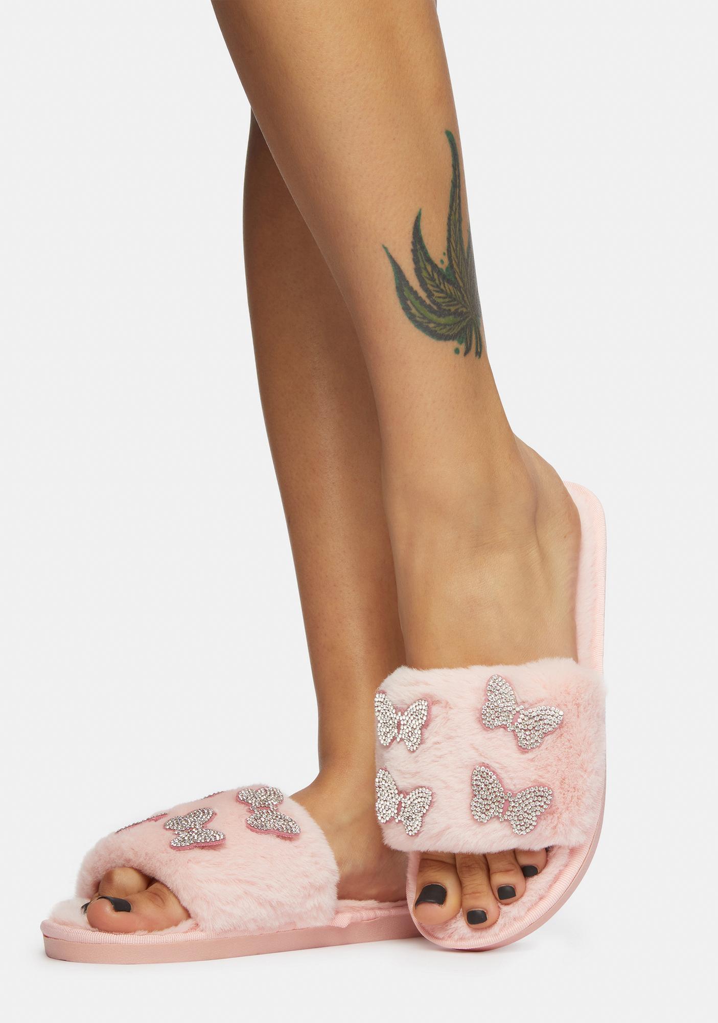 Rhinestone Butterfly Fuzzy Slides Pink Dolls Kill