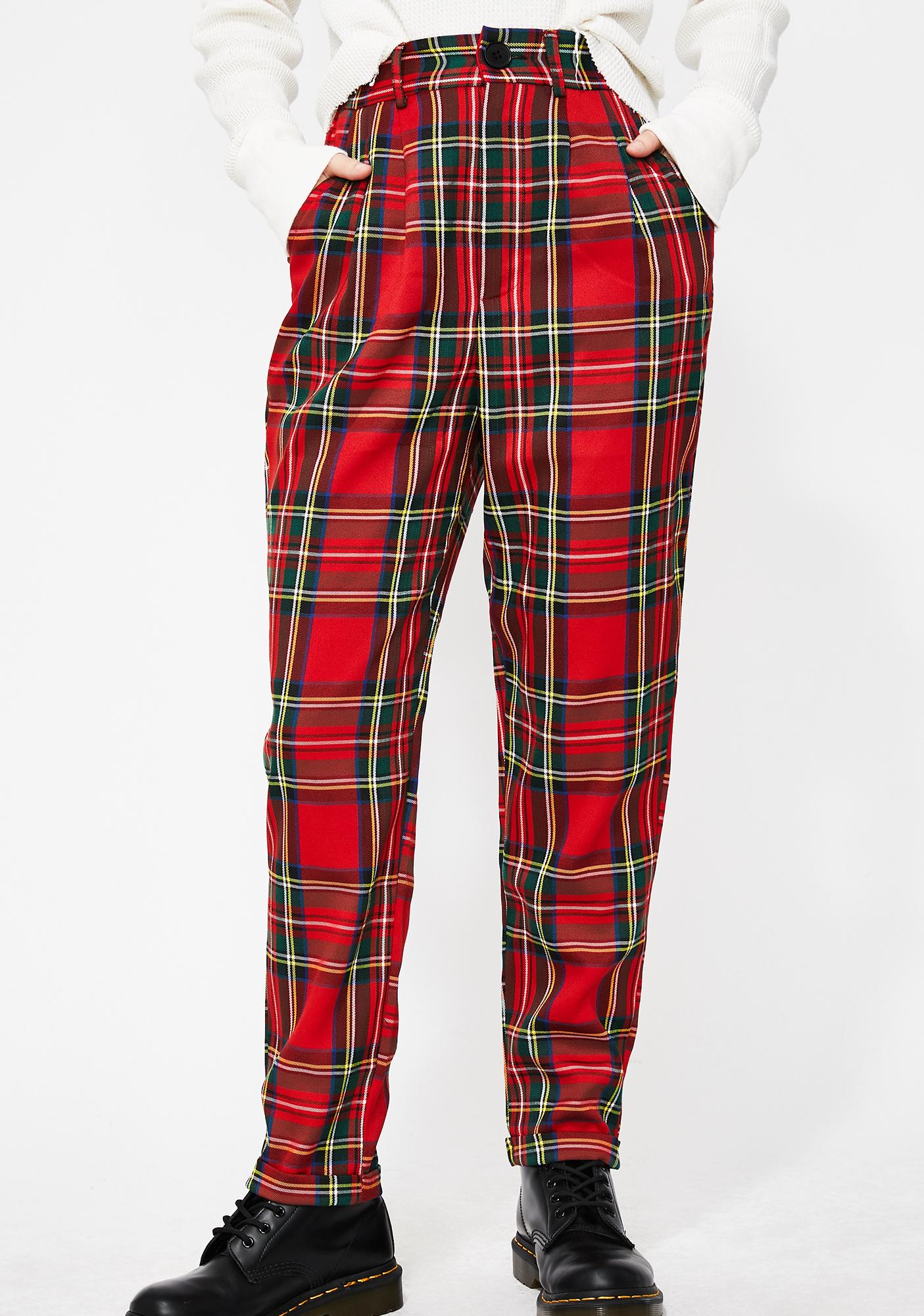 high waisted plaid pants red