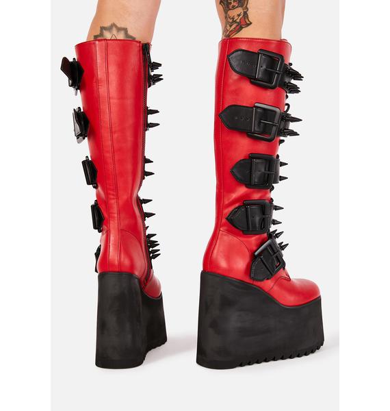 Widow Vegan Leather Buckle Platform Boots - Black Red | Dolls Kill