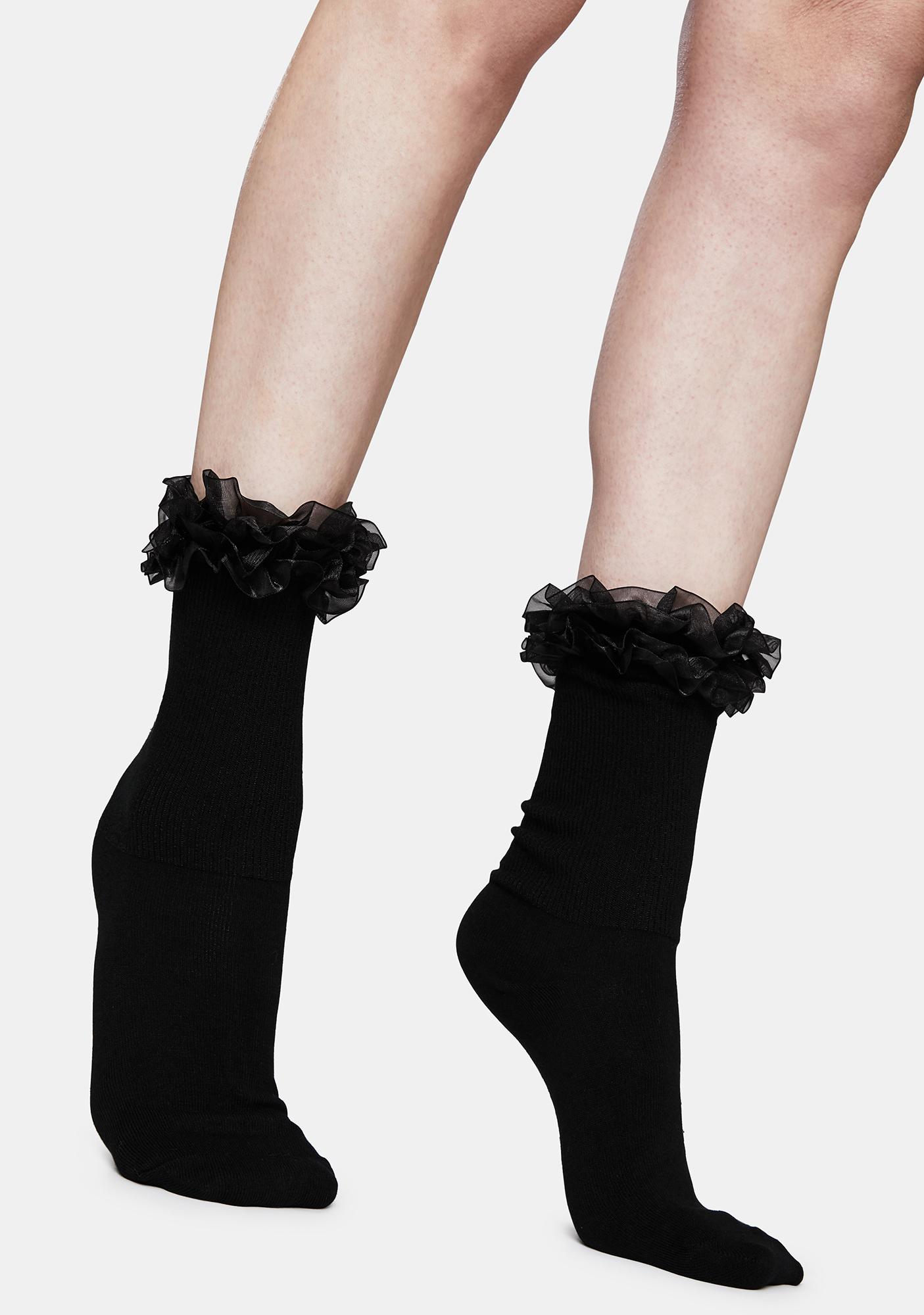 Double Ruffle Fold Over Ankle Socks - Black | Dolls Kill