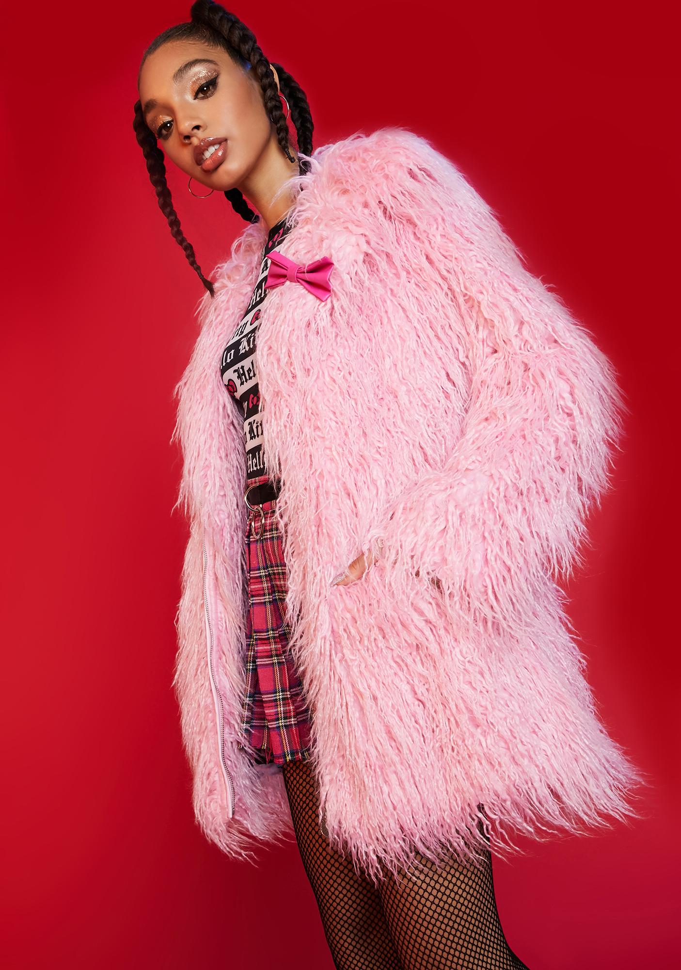 Dolls Kill Hello Kitty Faux Fur Shaggy Coat Pink Dolls Kill