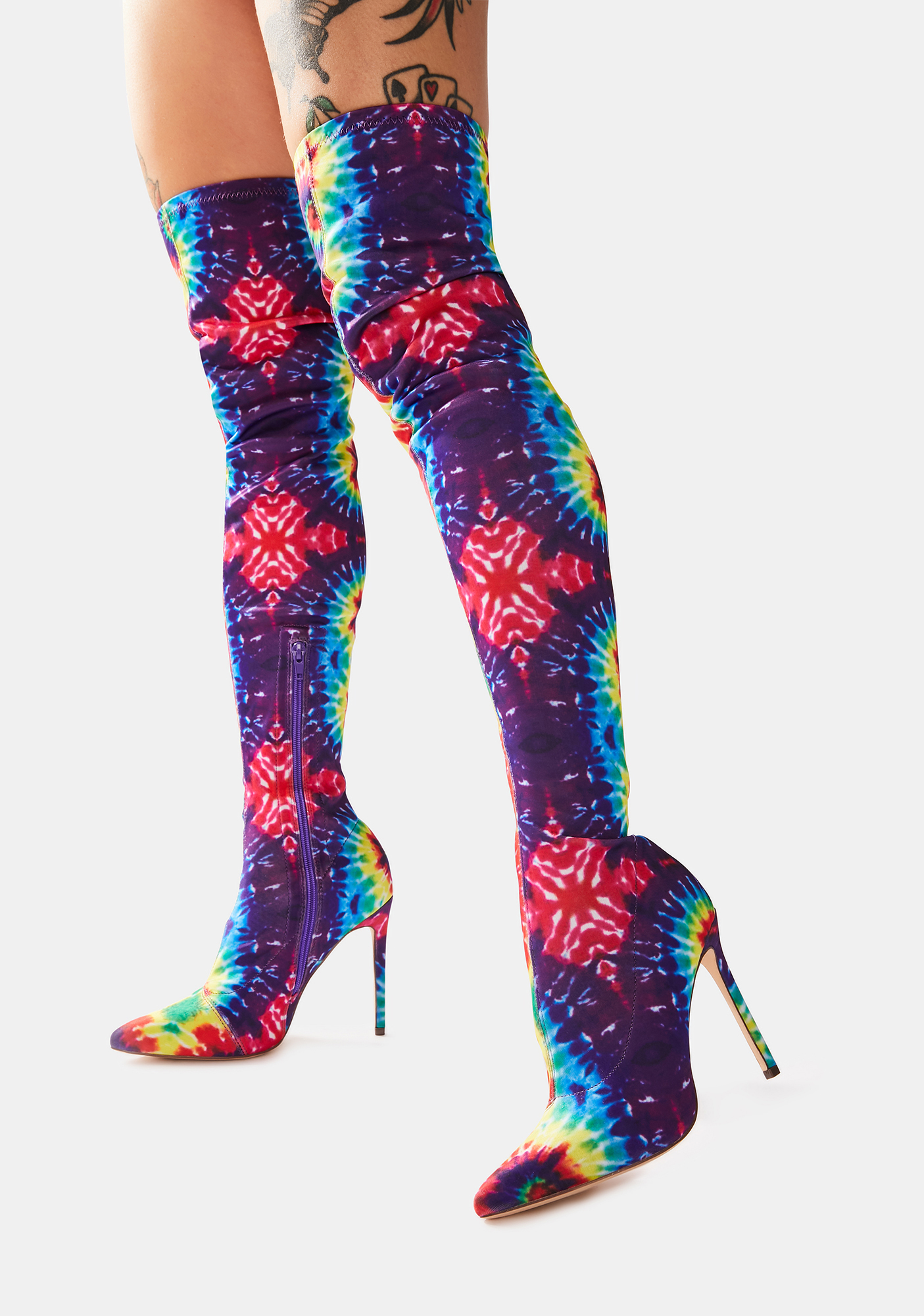 Spiral Tie Dye Print Thigh High Boots Rainbow Dolls Kill