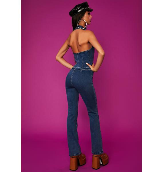 Dolls Kill x Bratz Denim Belted Halter Jumpsuit Medium Wash Dolls Kill
