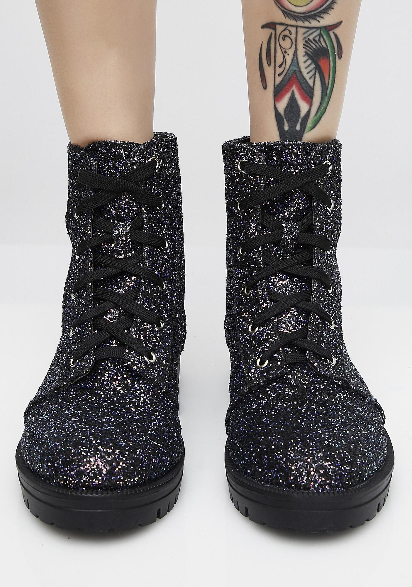 black sparkly combat boots