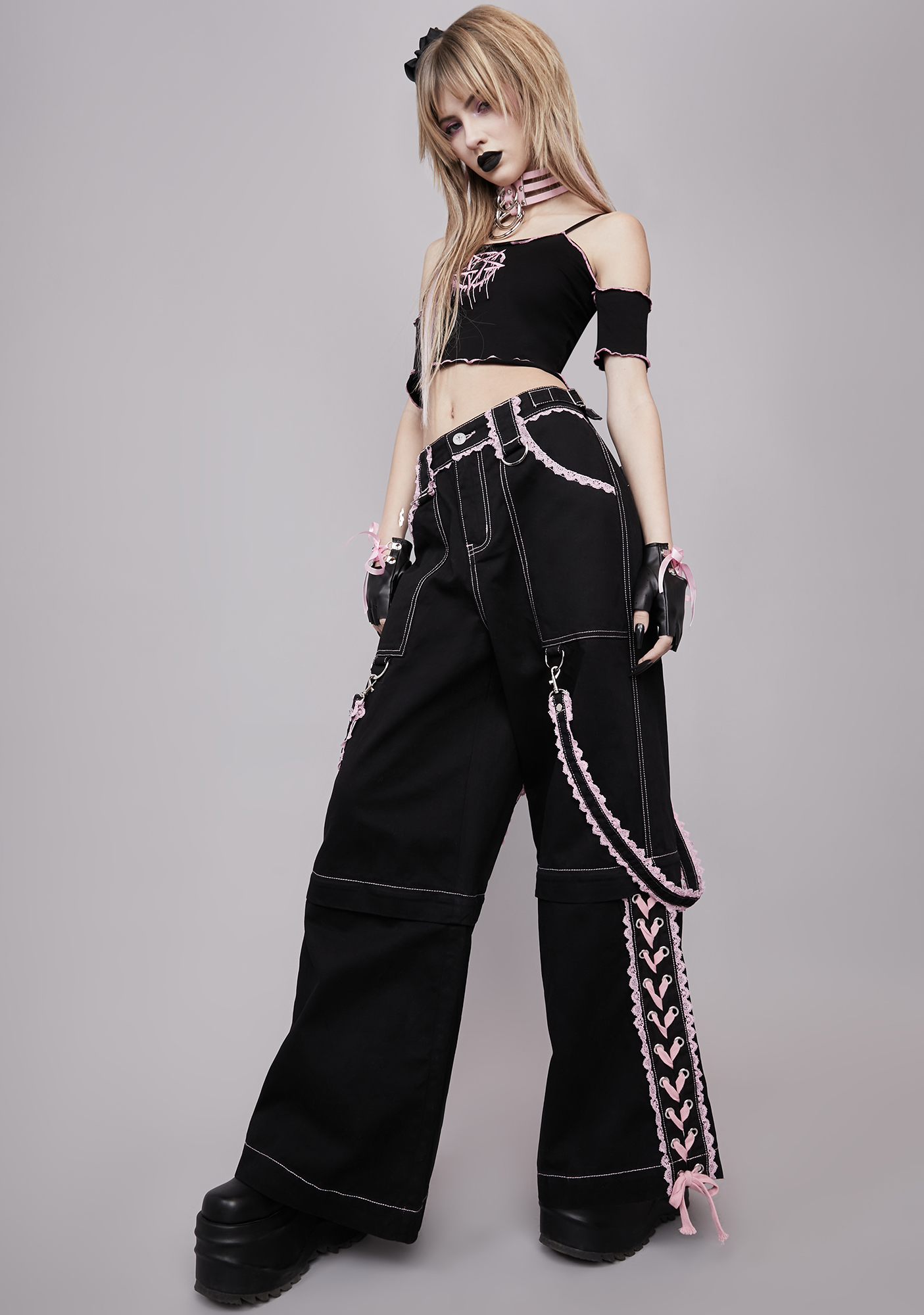 Widow Wide Leg Convertible Bondage Pants - Black/Pink | Dolls Kill