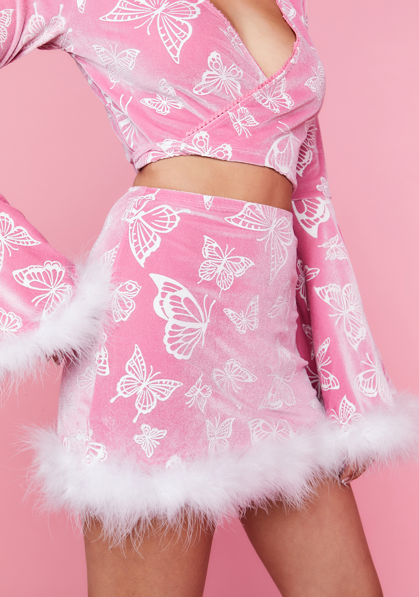 Sugar Thrillz Velvet Marabou Butterfly Mini Skirt - Pink | Dolls Kill