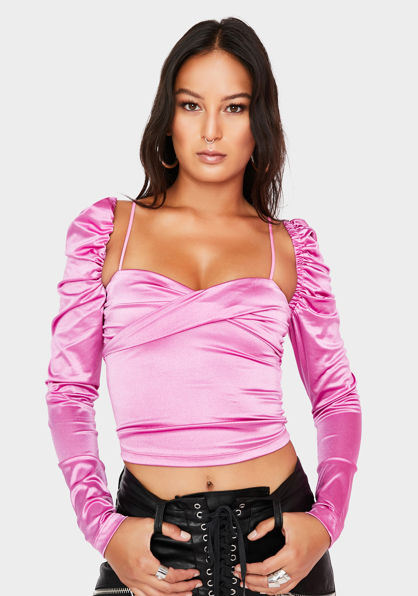 Long Sleeve Satin Ruched Crop Top Pink Dolls Kill