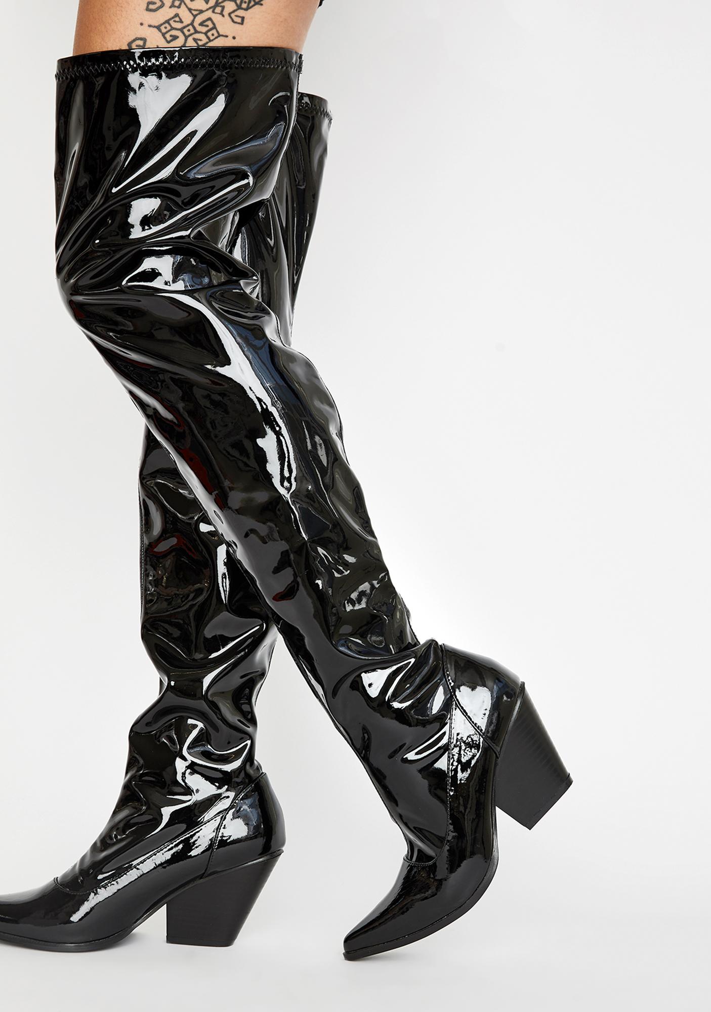 Black Shiny PVC Thigh High Boots | Dolls Kill