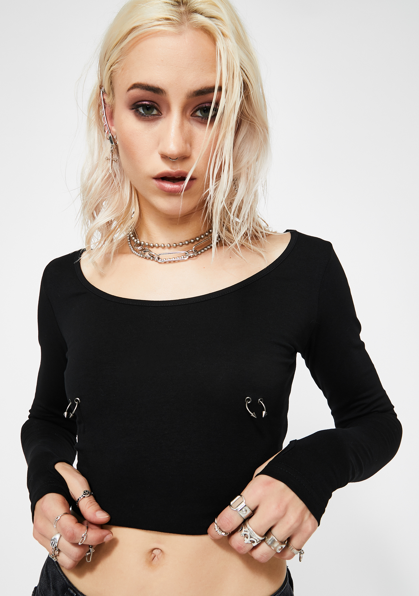 Current Mood Black Long Sleeve Piercing Crop Top | Dolls Kill