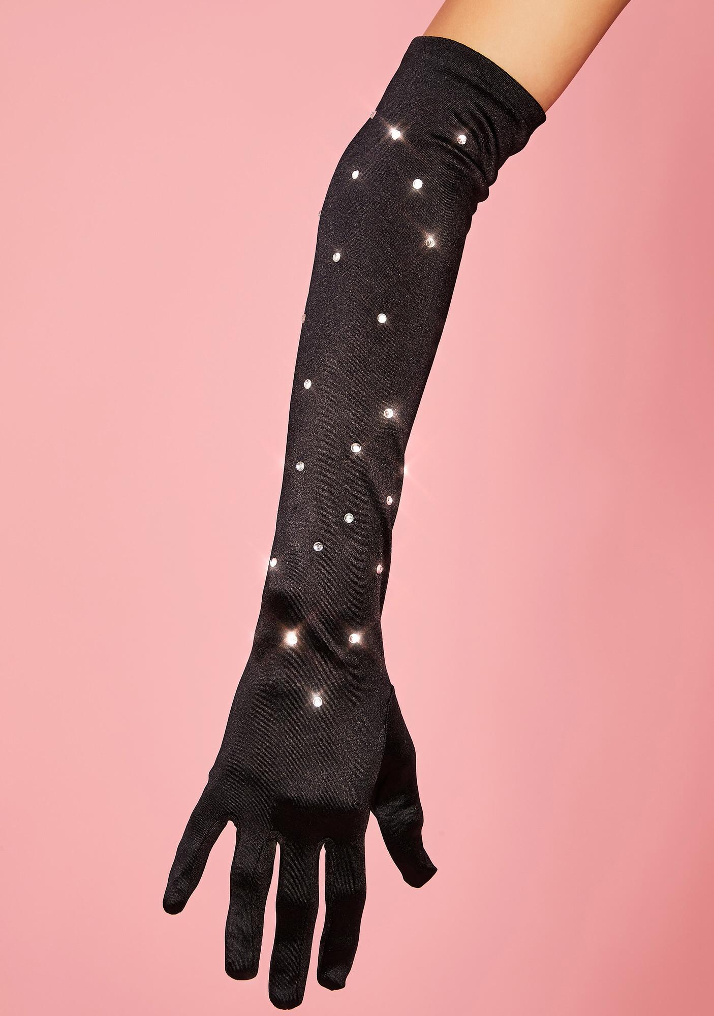 Rhinestone Satin Opera Length Gloves - Black | Dolls Kill