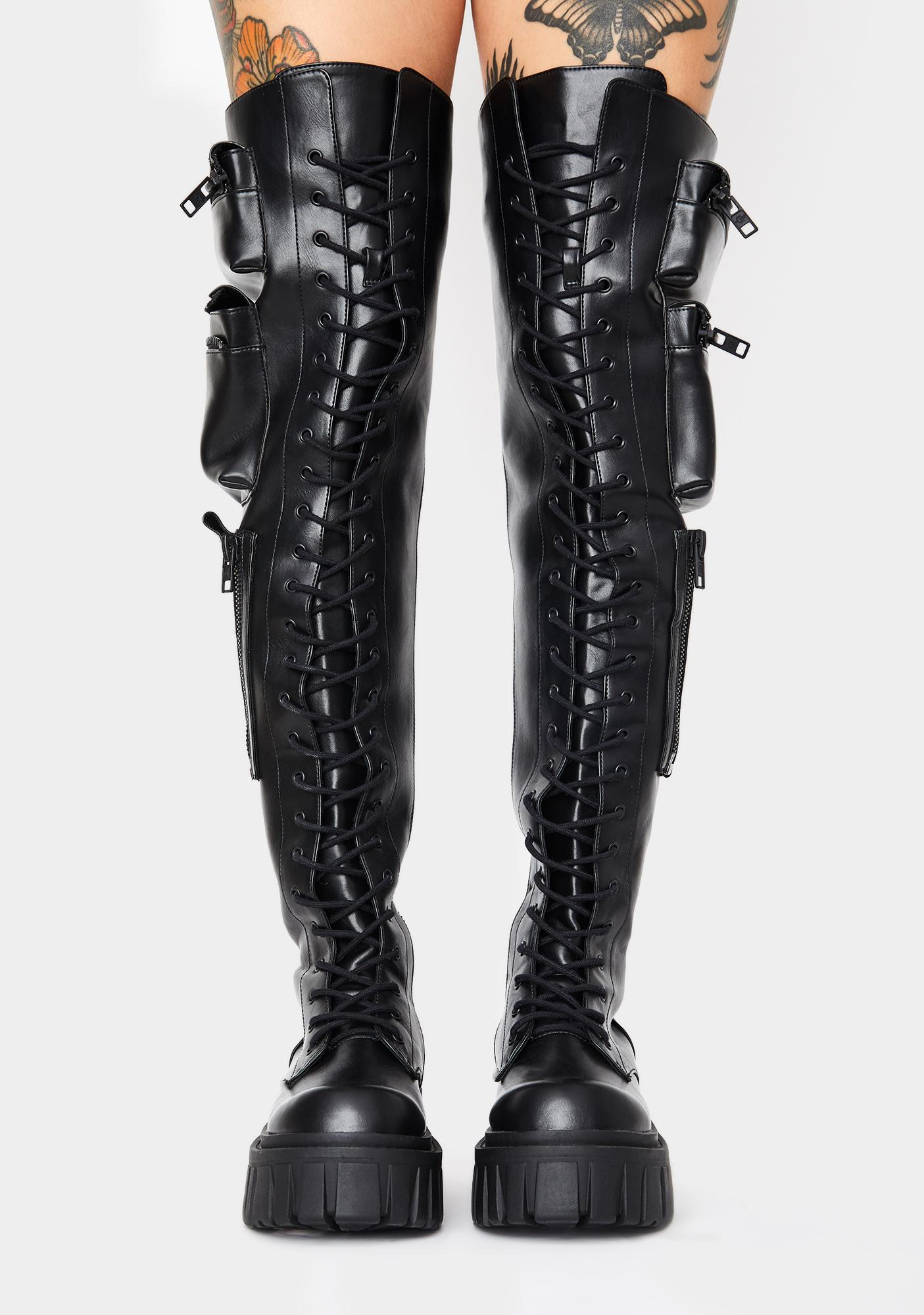 Current Mood Thigh High Utility Boots Pockets Lace Up Vegan Leather ...