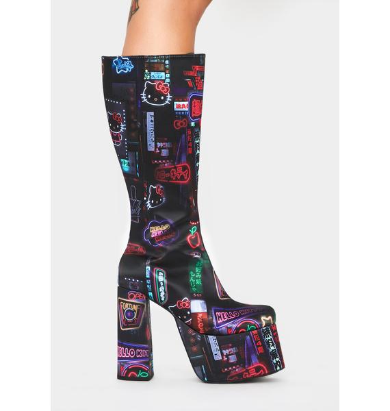 Dolls Kill Hello Kitty Neon Graphic Knee High Platform Block Boots
