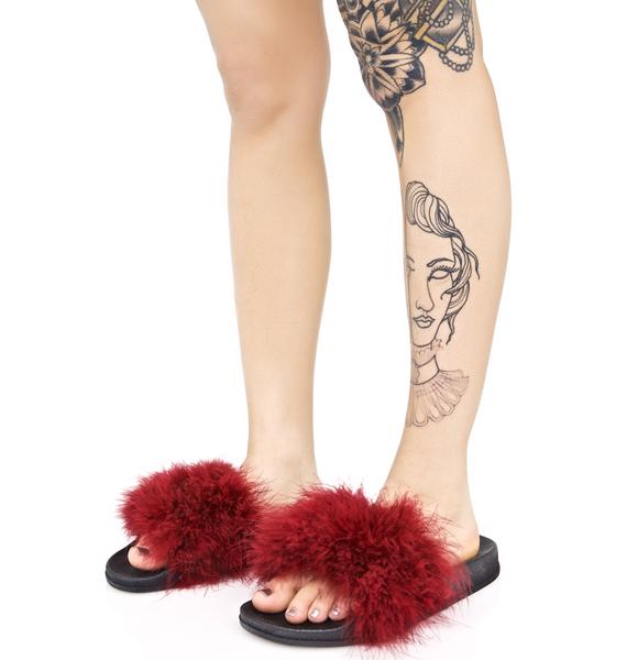 Burgundy Fluffy Slide Sandals Dolls Kill