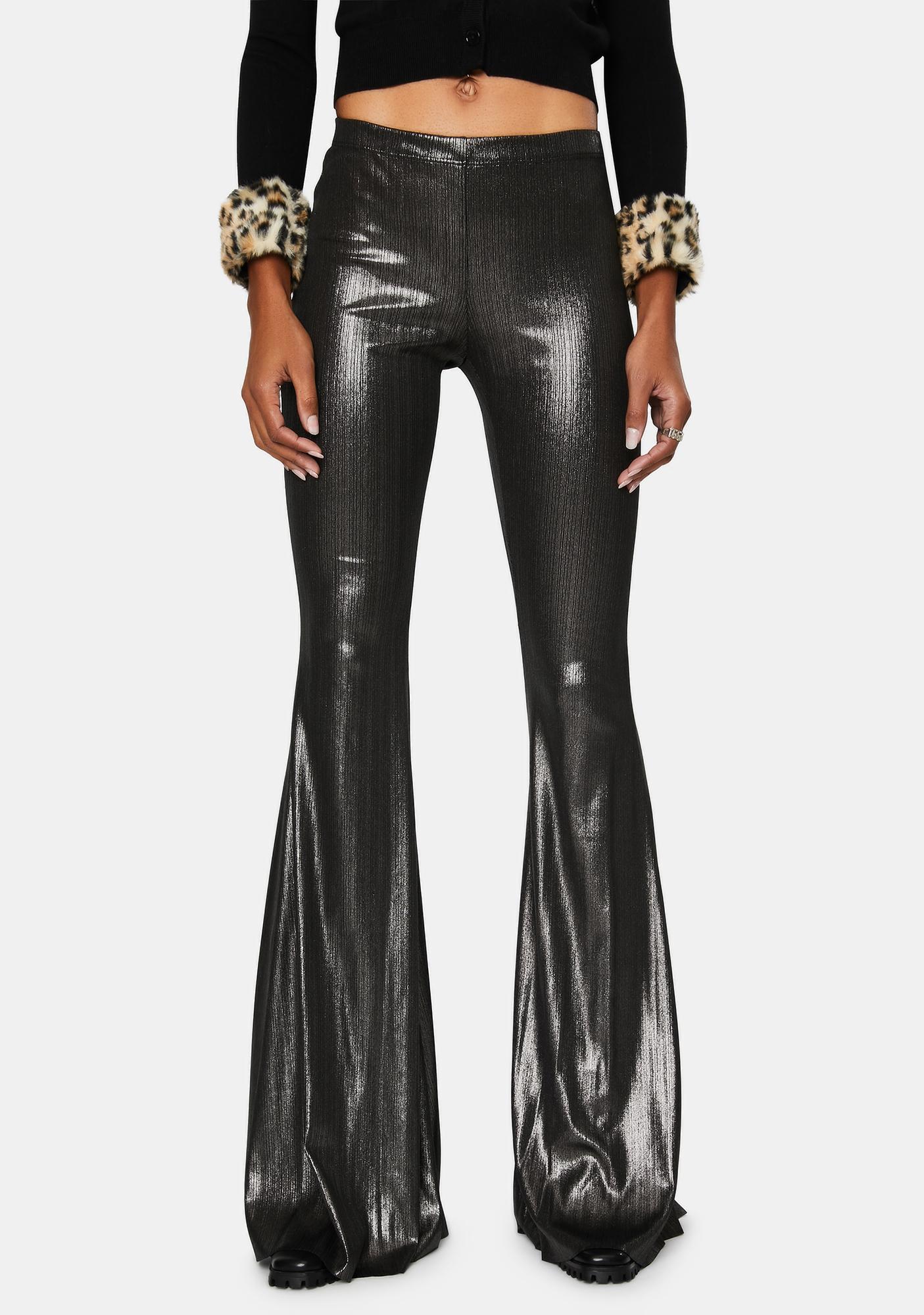 silver metallic flare pants