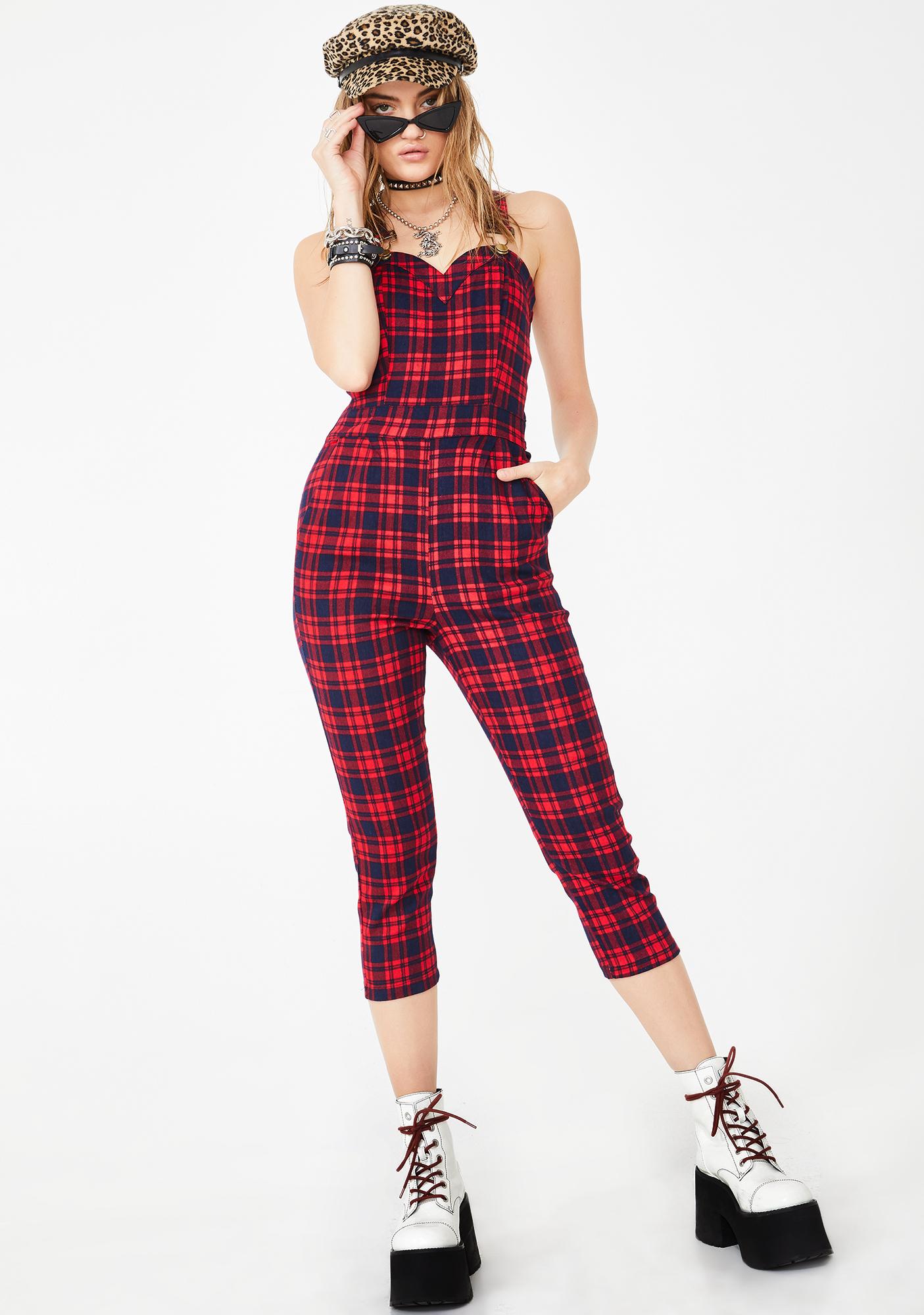 plaid overall jumpsuit