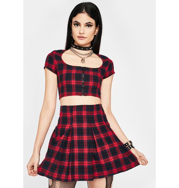 Red Plaid Short Sleeve Button Crop Top Flared Mini Skirt Set | Dolls Kill