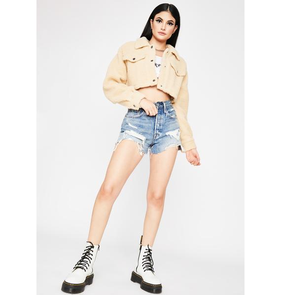 Cropped Sherpa Button Up Jacket - Beige Off White | Dolls Kill